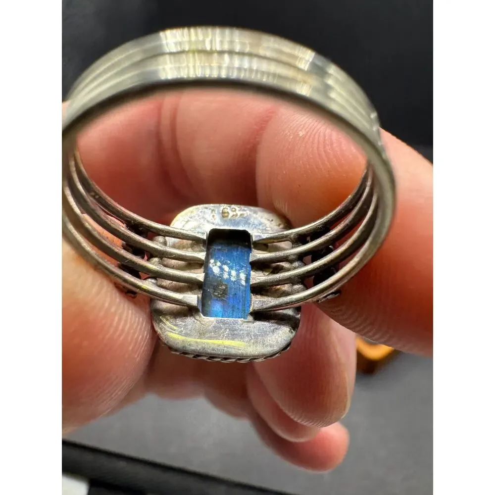 Vintage 925 Sterling Silver Labradorite Ring Cushion Cut Cable Rope Border Sz 10